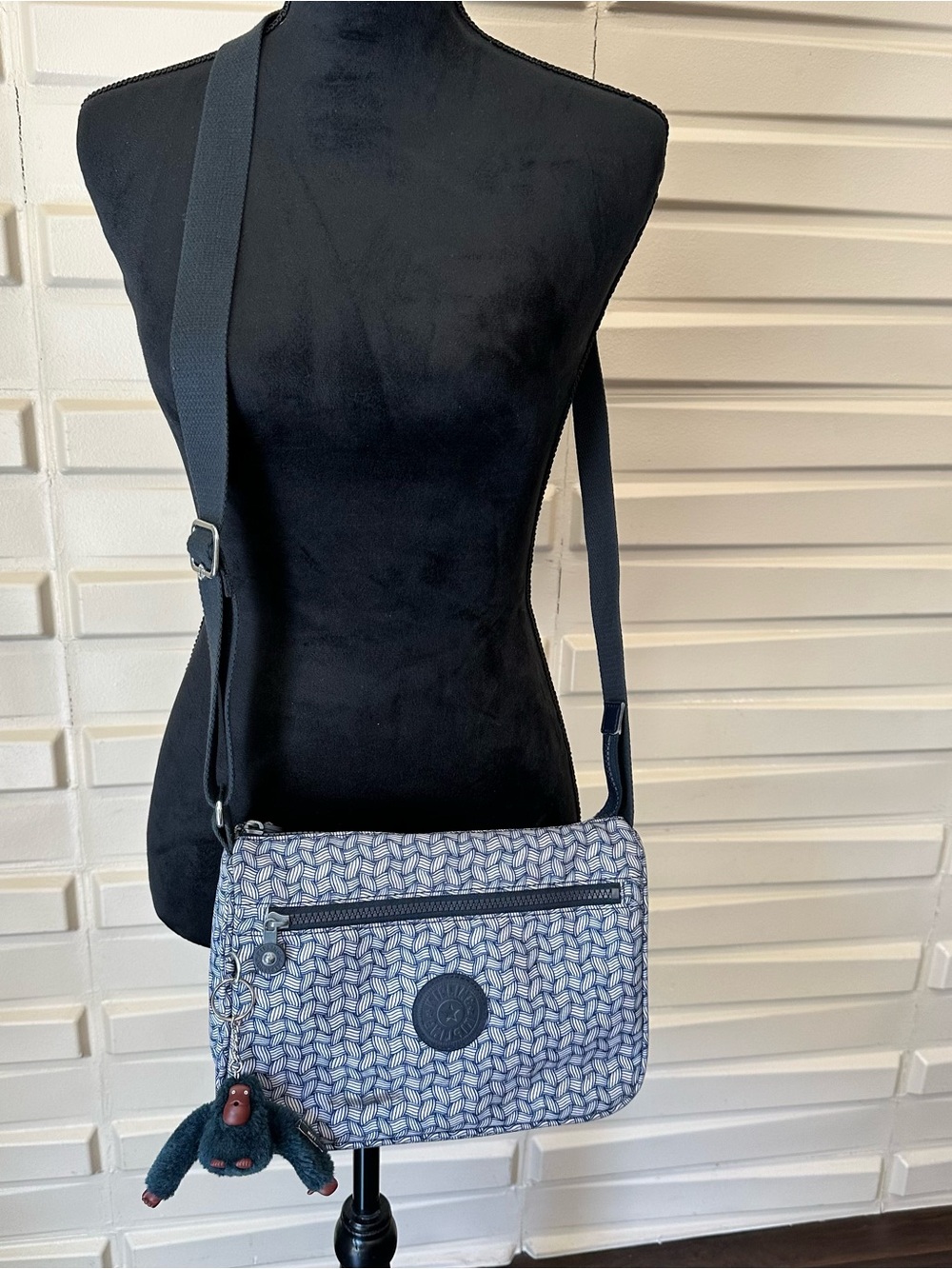 Vintage Kipling Navy and White Weaved Pattern Crossbody Bag with Monkey Charm